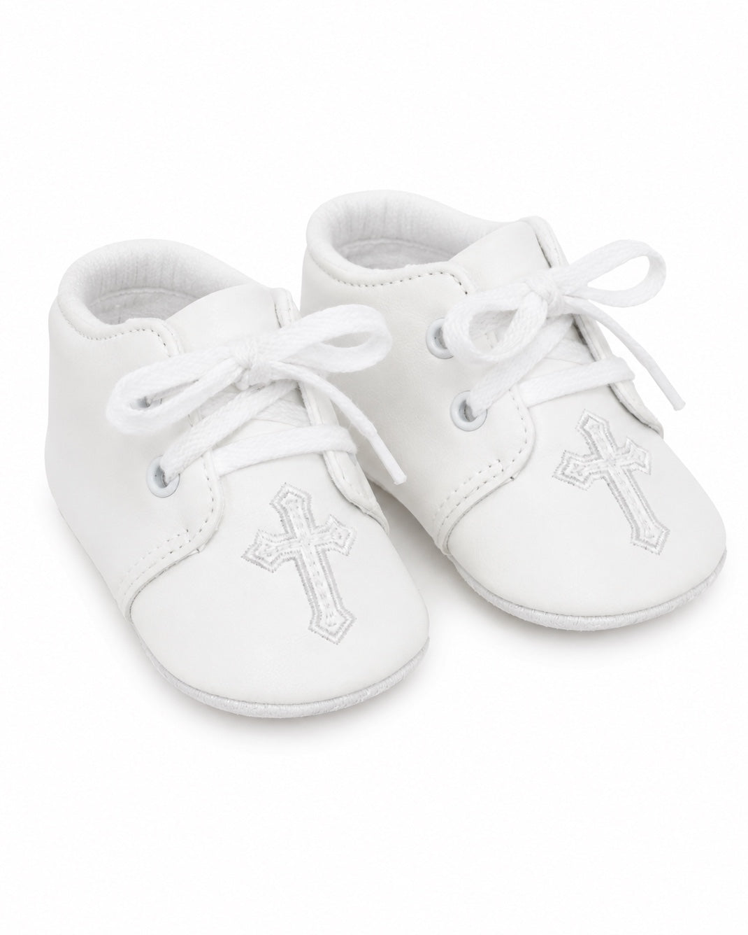 Carriage Boutique white baby boy christening shoes with delicate cross embroidery and soft lace-up closure