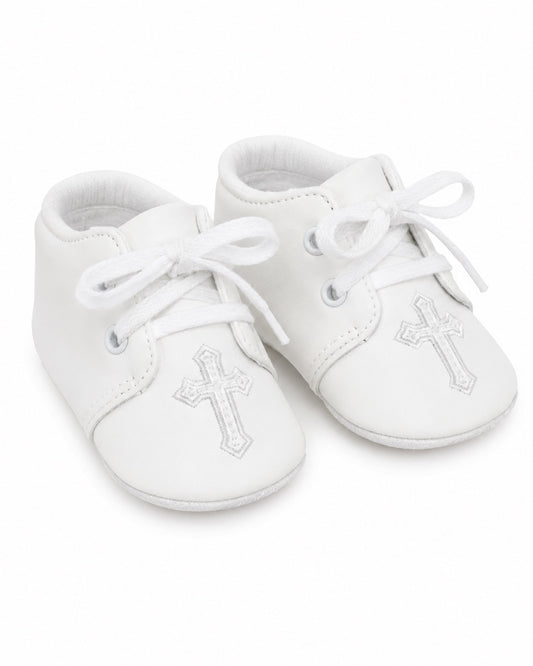 Carriage Boutique white baby boy christening shoes with delicate cross embroidery and soft lace-up closure