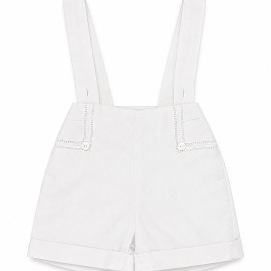 Carriage Boutique white linen-cotton blend baby boy christening shorts with suspenders and hand-embroidered details.
