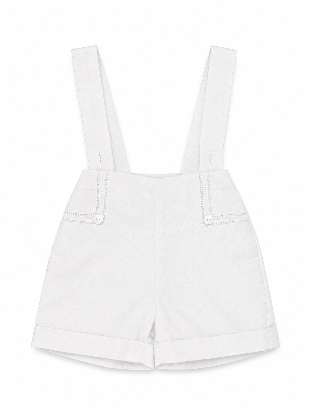Carriage Boutique white linen-cotton blend baby boy christening shorts with suspenders and hand-embroidered details.