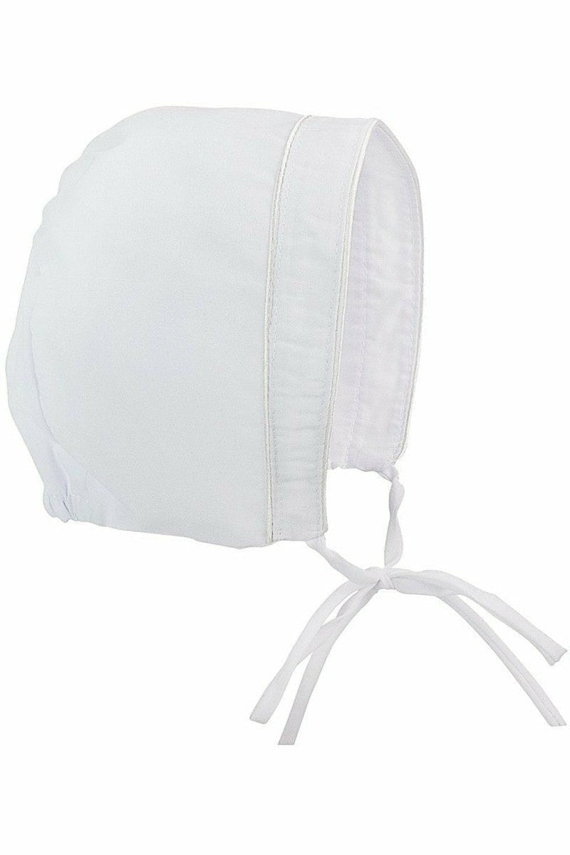 Carriage Boutique white cotton baby bonnet with tie closure for christening or baptism