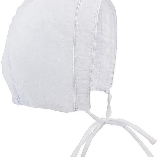Carriage Boutique white cotton baby bonnet with delicate stitching, perfect for christening or baptism ceremonies.