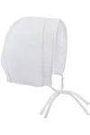 Carriage Boutique white cotton baby bonnet with delicate stitching, perfect for christening or baptism ceremonies.