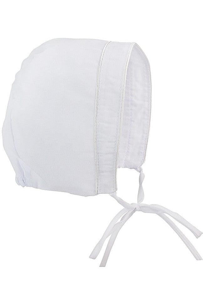 Carriage Boutique white cotton baby bonnet with delicate stitching, perfect for christening or baptism ceremonies.