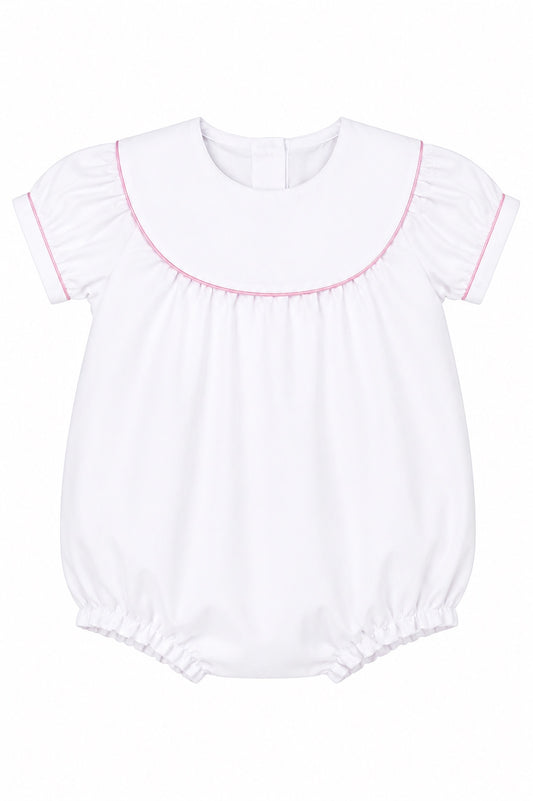 Carriage Boutique white cotton baby girl bubble romper with flutter sleeves and delicate pink picot trim detailing.