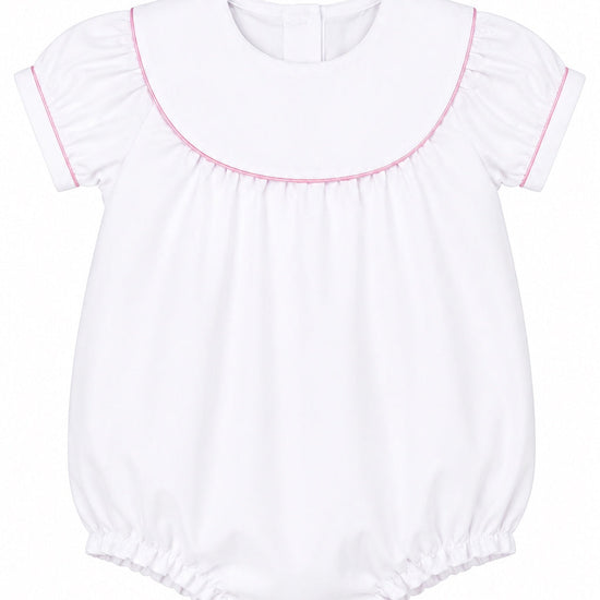 Carriage Boutique white cotton baby girl bubble romper with flutter sleeves and pink picot trim detail