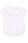 Carriage Boutique white cotton baby girl bubble romper with flutter sleeves and pink picot trim detail