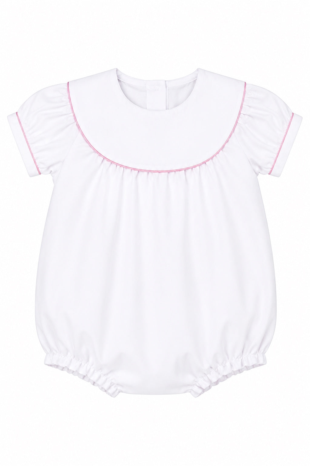 Carriage Boutique white cotton baby girl bubble romper with flutter sleeves and pink picot trim detail