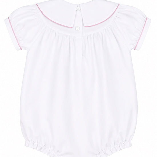 Carriage Boutique white cotton baby bubble with flutter sleeves, pink trim, and back button closure