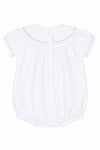 Carriage Boutique white cotton baby bubble with flutter sleeves, pink trim, and back button closure
