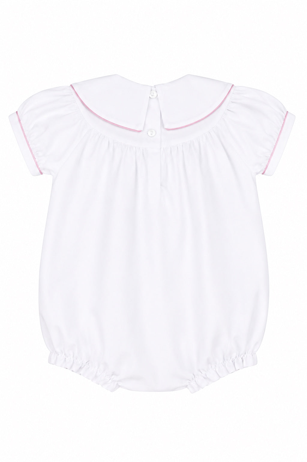 Carriage Boutique white cotton baby bubble with flutter sleeves, pink trim, and back button closure