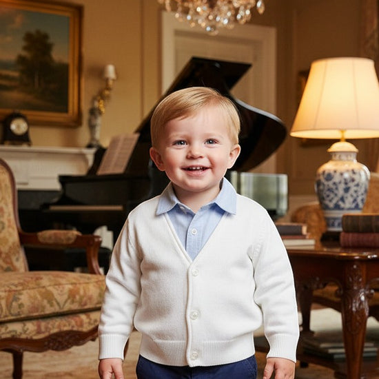 Carriage Boutique white cotton V-neck cardigan worn by a smiling toddler boy in a classic living room setting