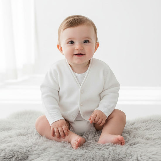 Carriage Boutique baby boy wearing a white Julius Berger cotton V-neck cardigan sitting on a grey sheepskin rug.