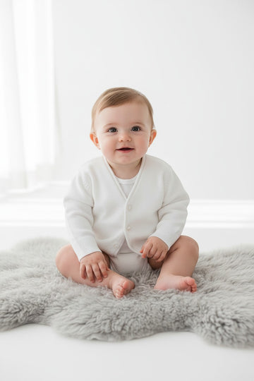 Carriage Boutique baby boy wearing a white Julius Berger cotton V-neck cardigan sitting on a grey sheepskin rug.