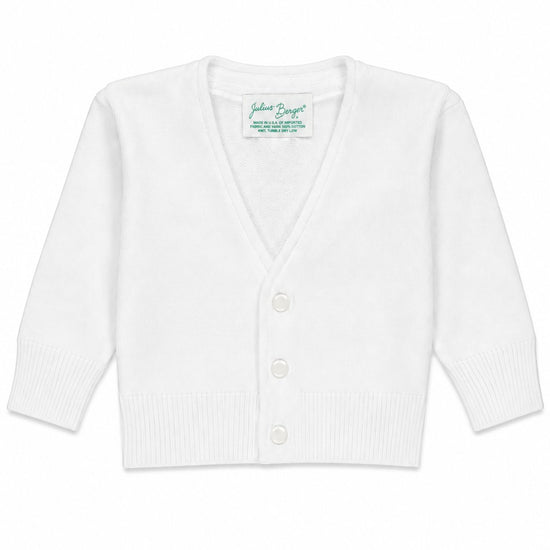 Carriage Boutique white long sleeve V-neck baby boy cardigan in soft 100% cotton with front button closure.