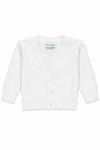Carriage Boutique white long sleeve V-neck baby boy cardigan in soft 100% cotton with front button closure.