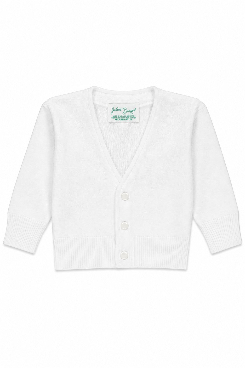 Carriage Boutique white long sleeve V-neck baby boy cardigan in soft 100% cotton with front button closure.