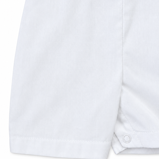 Carriage Boutique white cotton bobby suit shorts with a secure snap button closure for baby boys
