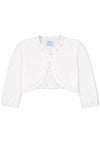 Carriage Boutique white cotton bolero shrug for baby girls with textured knit pattern and single button closure.