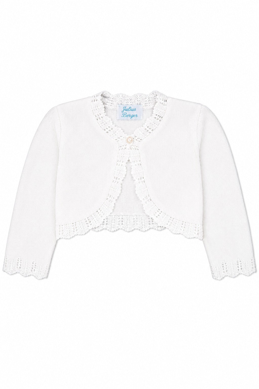 Carriage Boutique white cotton bolero shrug for baby girls with textured knit pattern and single button closure.