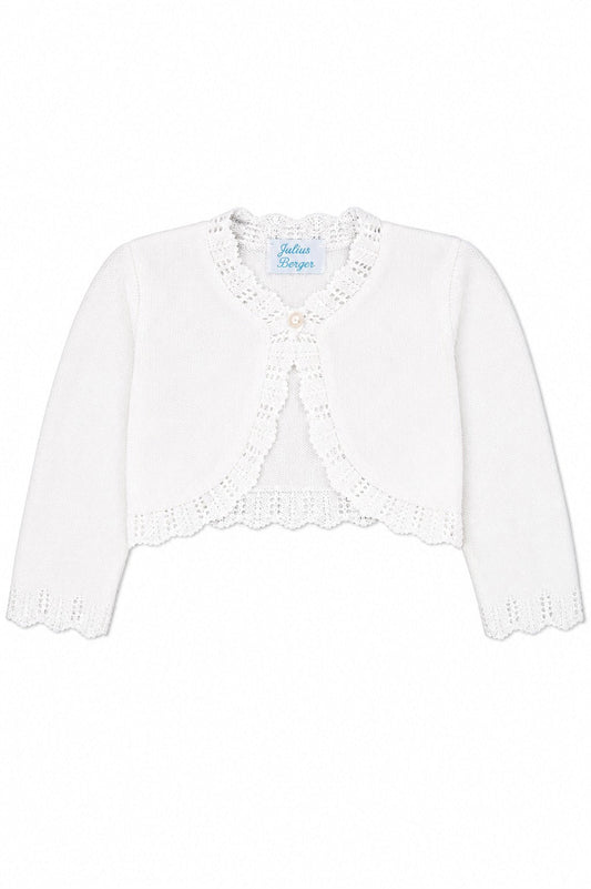 Carriage Boutique white cotton bolero shrug for baby girls with textured knit pattern and single button closure.