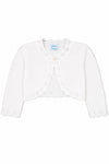 Carriage Boutique white cotton knit bolero shrug for girls with textured lace trim and a single button closure.