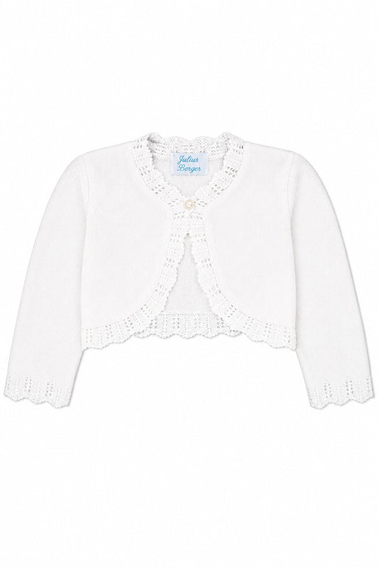 Carriage Boutique white cotton knit bolero shrug for girls with textured lace trim and a single button closure.
