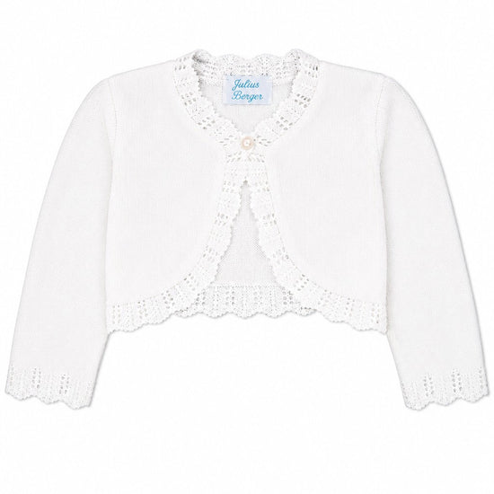 Carriage Boutique white cotton toddler girl bolero shrug with textured knit pattern and single front button closure