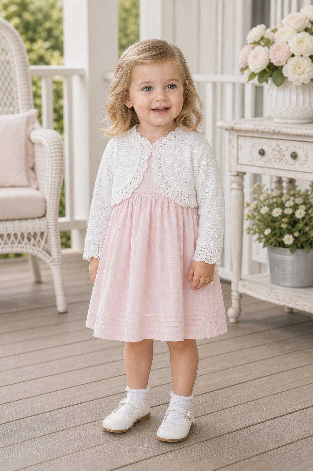 Carriage Boutique white cotton bolero shrug with textured knit pattern worn by a toddler girl over a pink dress