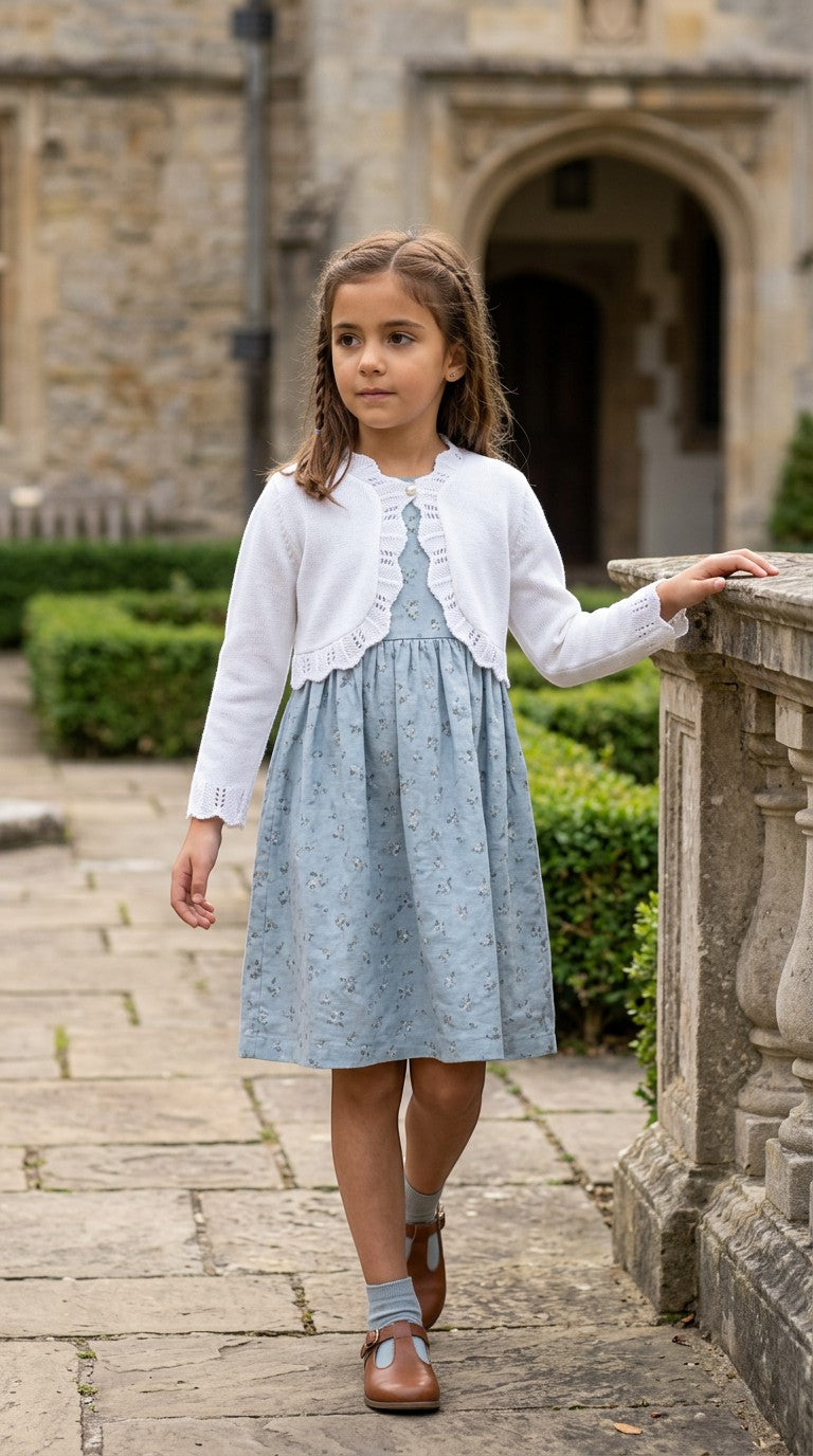 Carriage Boutique white cotton knit bolero shrug with textured pattern worn by a girl over a blue floral dress