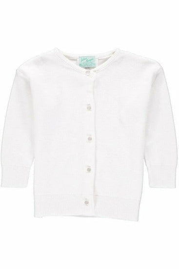 Carriage Boutique white cotton cashmere baby girl cardigan with a crew neck, long sleeves, and button-front closure.