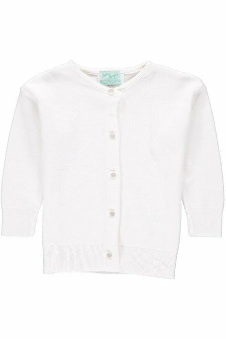 Carriage Boutique white cotton cashmere baby girl cardigan with a crew neck, long sleeves, and button-front closure.