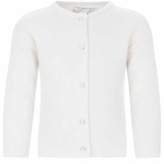 Carriage Boutique white cotton cashmere baby girl cardigan with a crew neck, long sleeves, and button-front closure.