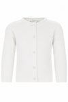 Carriage Boutique white cotton cashmere baby girl cardigan with a crew neck, long sleeves, and button-front closure.