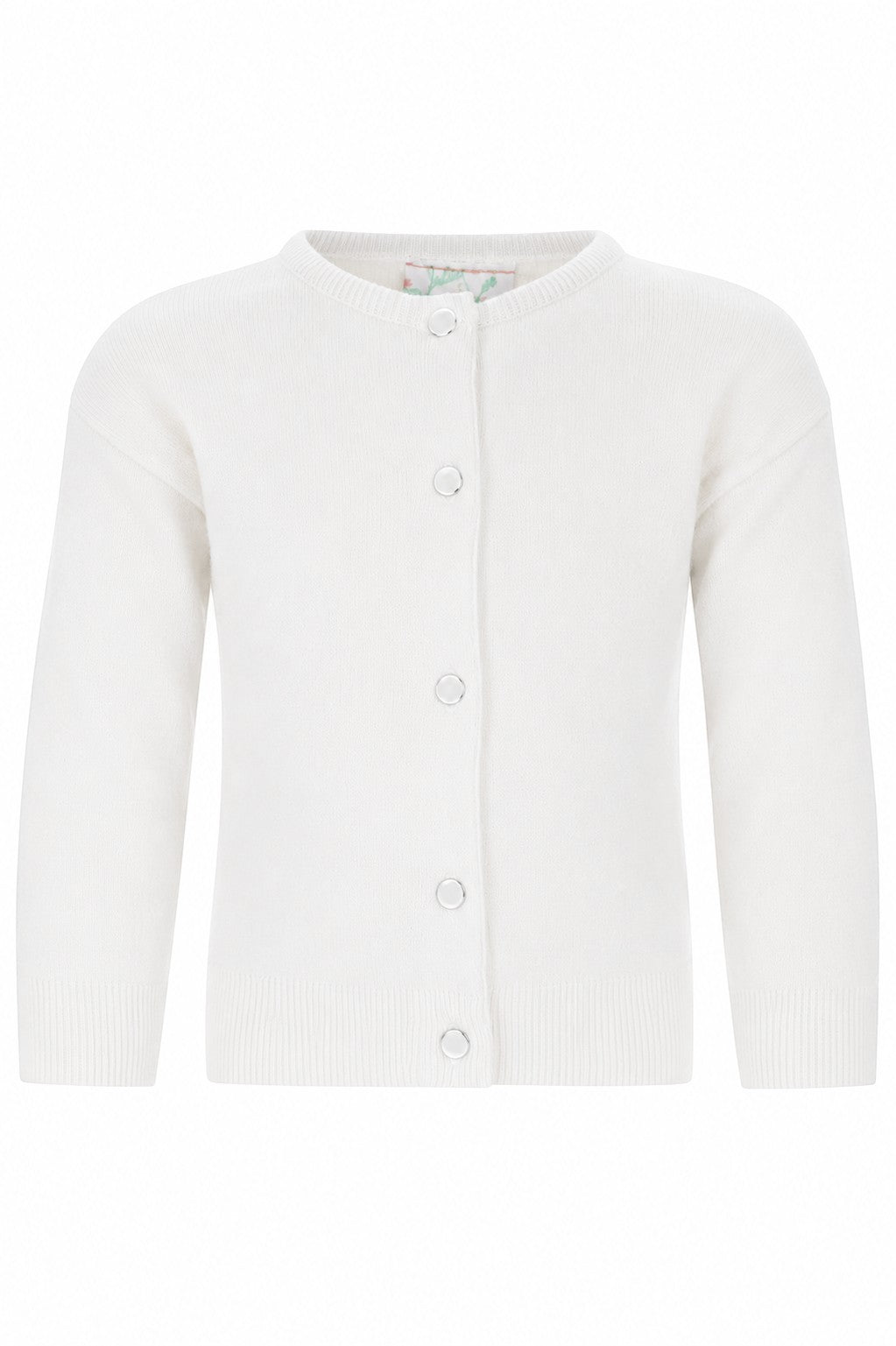 Carriage Boutique white cotton cashmere baby girl cardigan with a crew neck, long sleeves, and button-front closure.