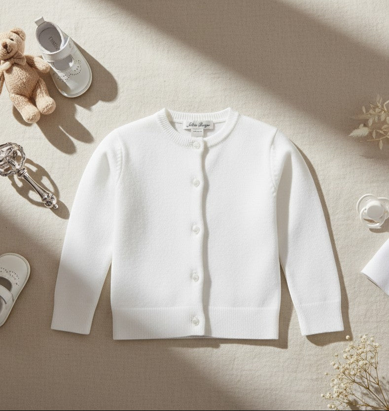 Carriage Boutique white cotton cashmere baby girl cardigan with button front and ribbed trim on a neutral background