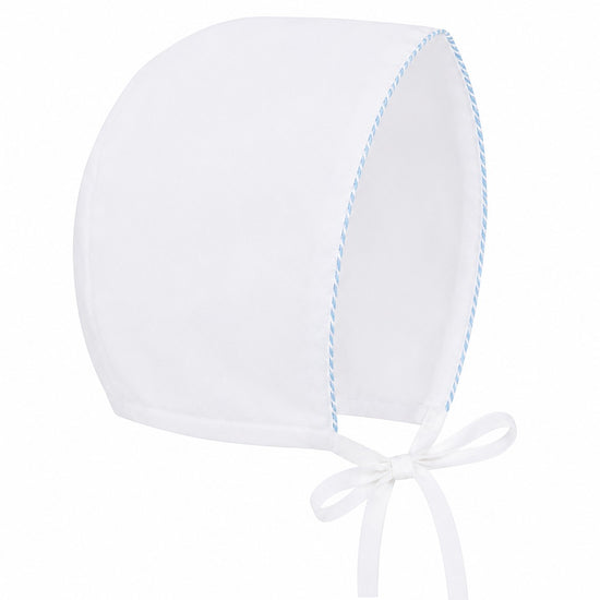 Carriage Boutique white cotton baby christening bonnet with delicate blue trim and ribbon tie closure