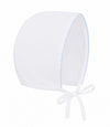 Carriage Boutique white cotton baby christening bonnet with delicate blue trim and ribbon tie closure