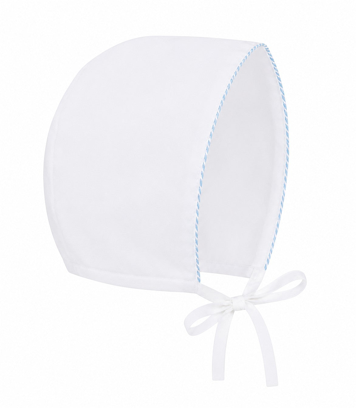 Carriage Boutique white cotton baby christening bonnet with delicate blue trim and ribbon tie closure