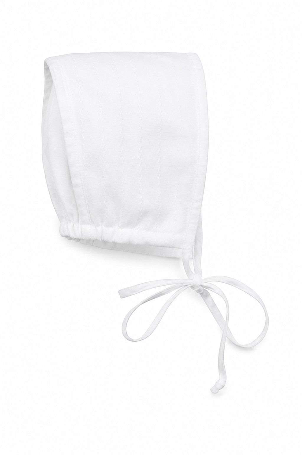 Carriage Boutique white cotton baby christening bonnet with delicate hand embroidery and tie closure