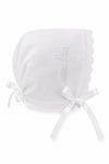 Carriage Boutique white cotton baby christening bonnet with delicate embroidered cross and scalloped edge detail.