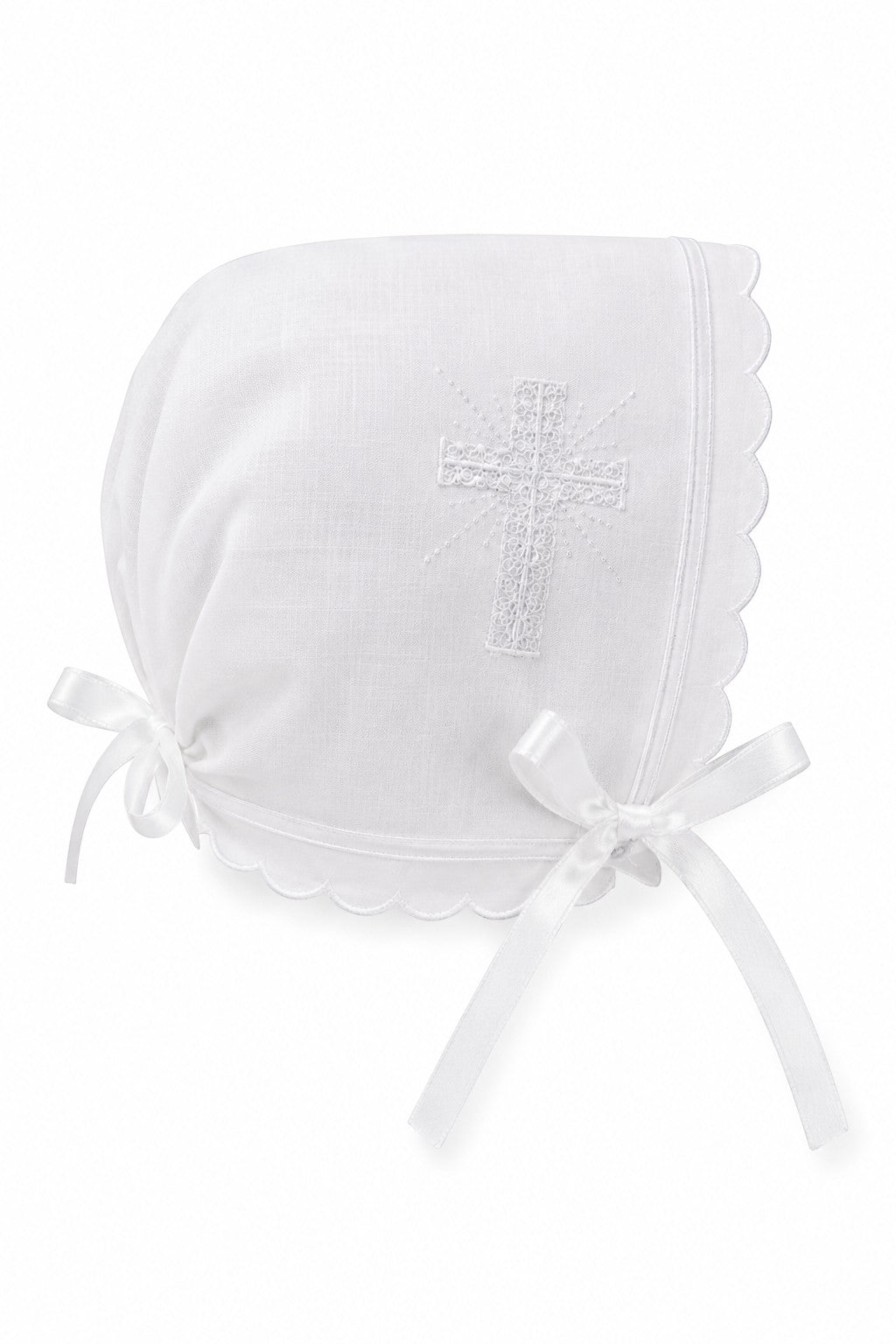 Carriage Boutique white cotton baby christening bonnet with delicate embroidered cross and scalloped edge detail.