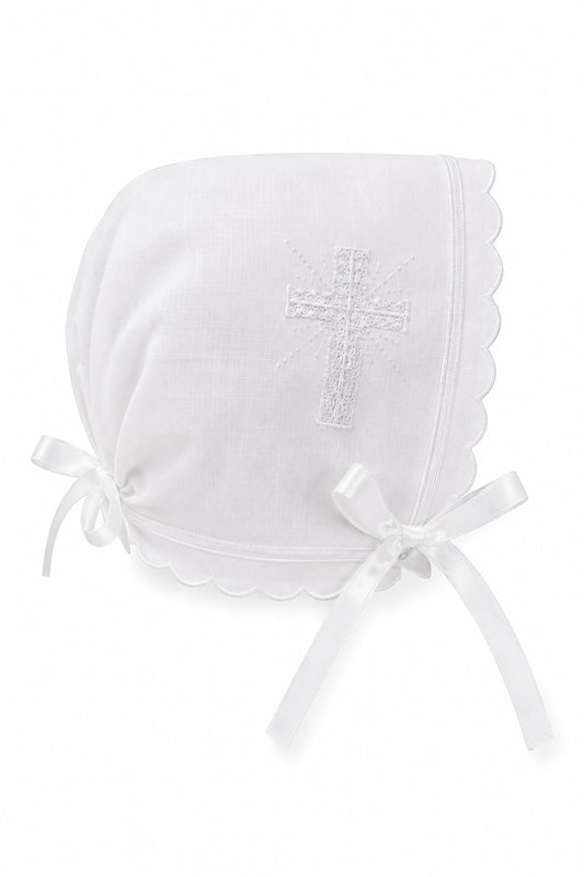 Carriage Boutique white cotton baby christening bonnet with delicate embroidered cross and scalloped edge detail.