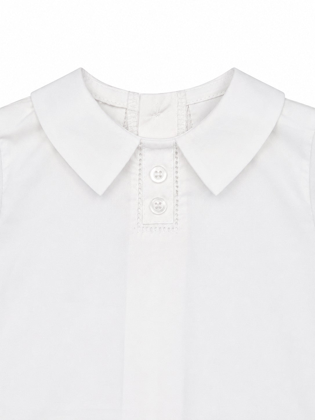 Carriage Boutique white cotton christening shirt with a classic collar and delicate hand embroidery detail