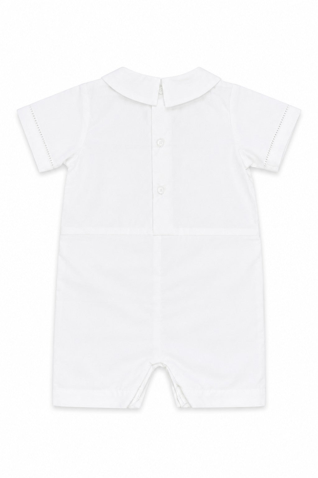 Carriage Boutique white cotton baby boy christening shortall with Peter Pan collar and hand embroidery detail.