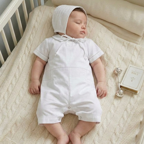 Carriage Boutique white cotton baby boy christening shortall outfit with hand embroidery and matching bonnet
