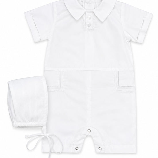 Carriage Boutique white cotton baby boy christening shortall outfit with hand embroidery and matching bonnet