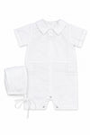 Carriage Boutique white cotton baby boy christening shortall outfit with hand embroidery and matching bonnet