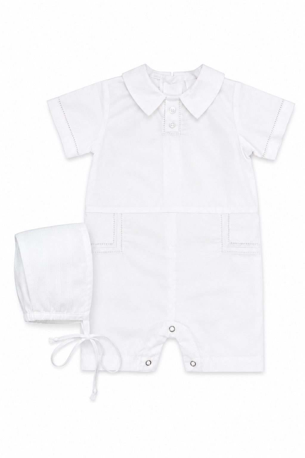 Carriage Boutique white cotton baby boy christening shortall outfit with hand embroidery and matching bonnet