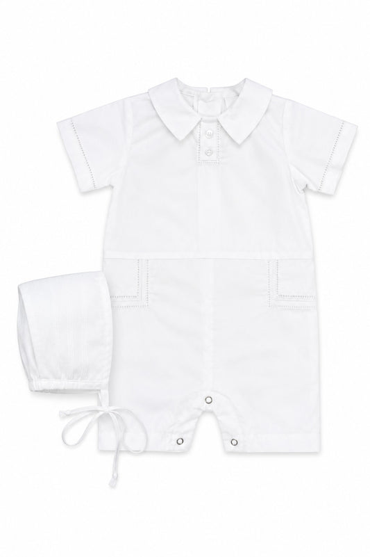 Carriage Boutique white cotton baby boy christening shortall outfit with hand embroidery and matching bonnet